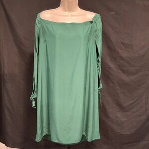 Amanda Uprichard Dress Off Shoulder Mini L Green Silk Satin Tie Sleeve Bardot